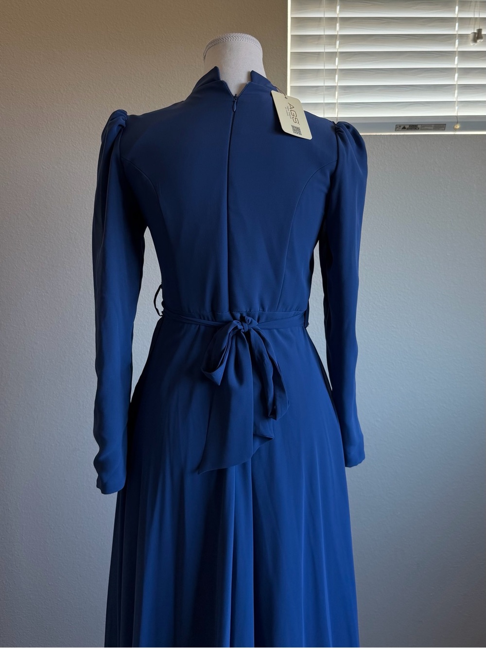 Elegant Navy Blue Long Sleeve Ruffle Maxi Dress - Picture 3 of 3